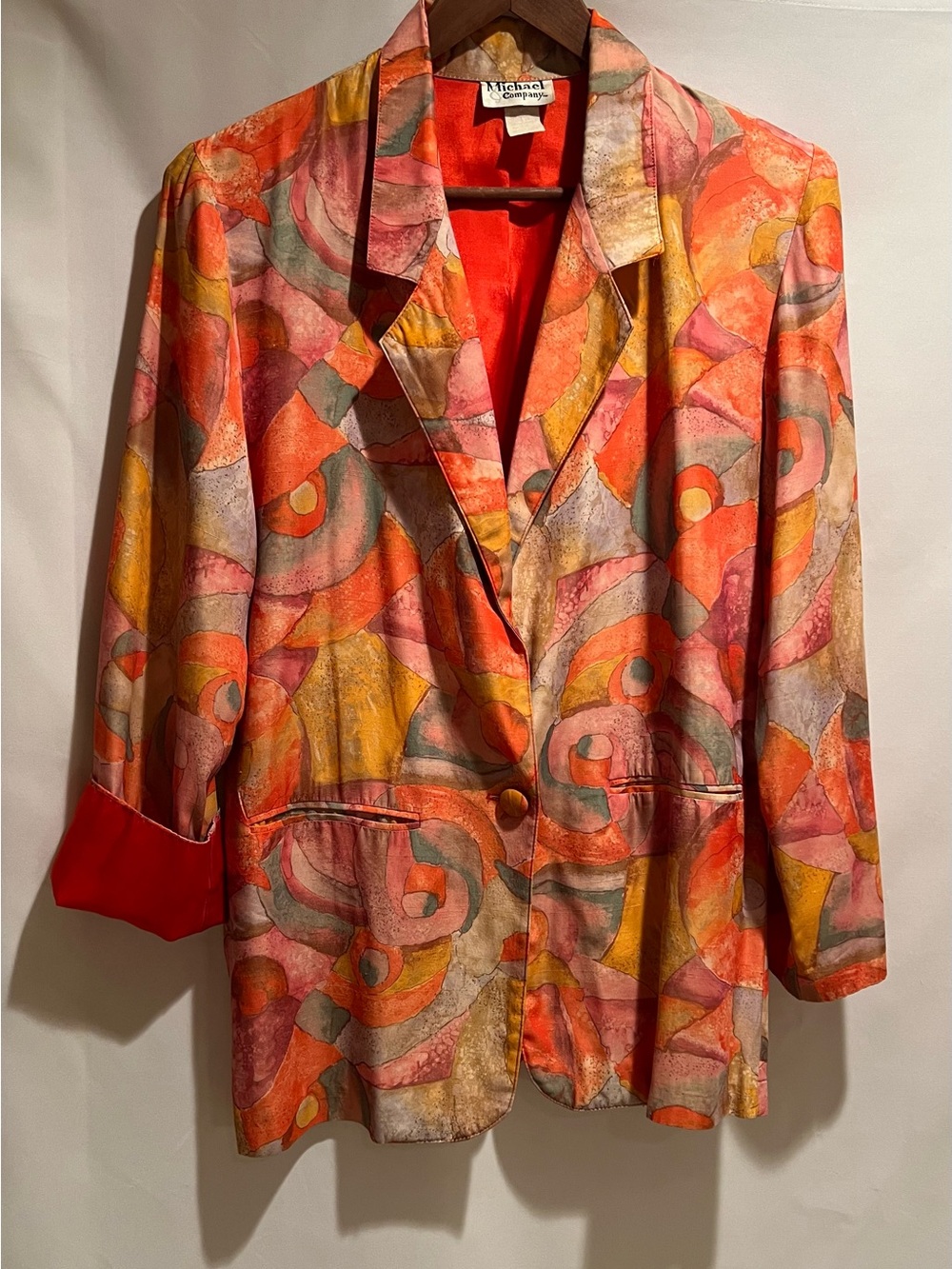Michael Company Vibrant Watercolor Silk Blazer in Orange & Pink